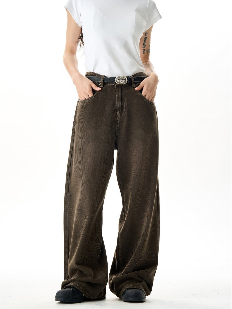 American Style High Street Vintage Wash And Dye Brown Jeans Men'S And Women'S Cleanfit Loose Straight Wide Leg Draping Pants - Image 1